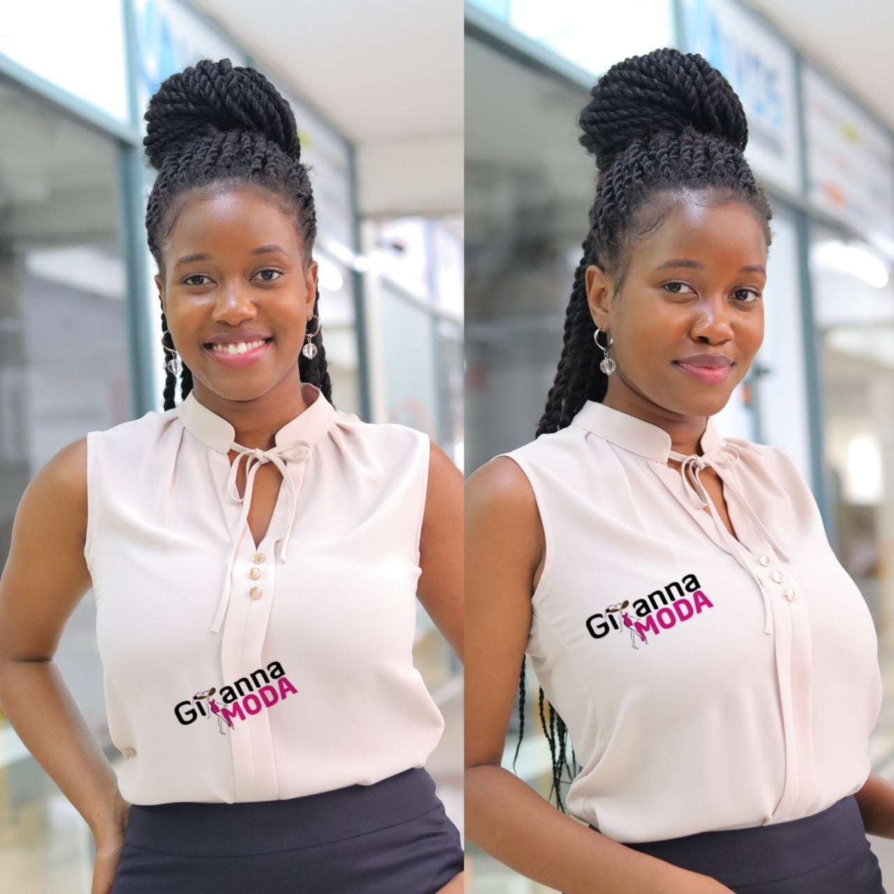 Tie Neck Beige Sleeveless Blouse