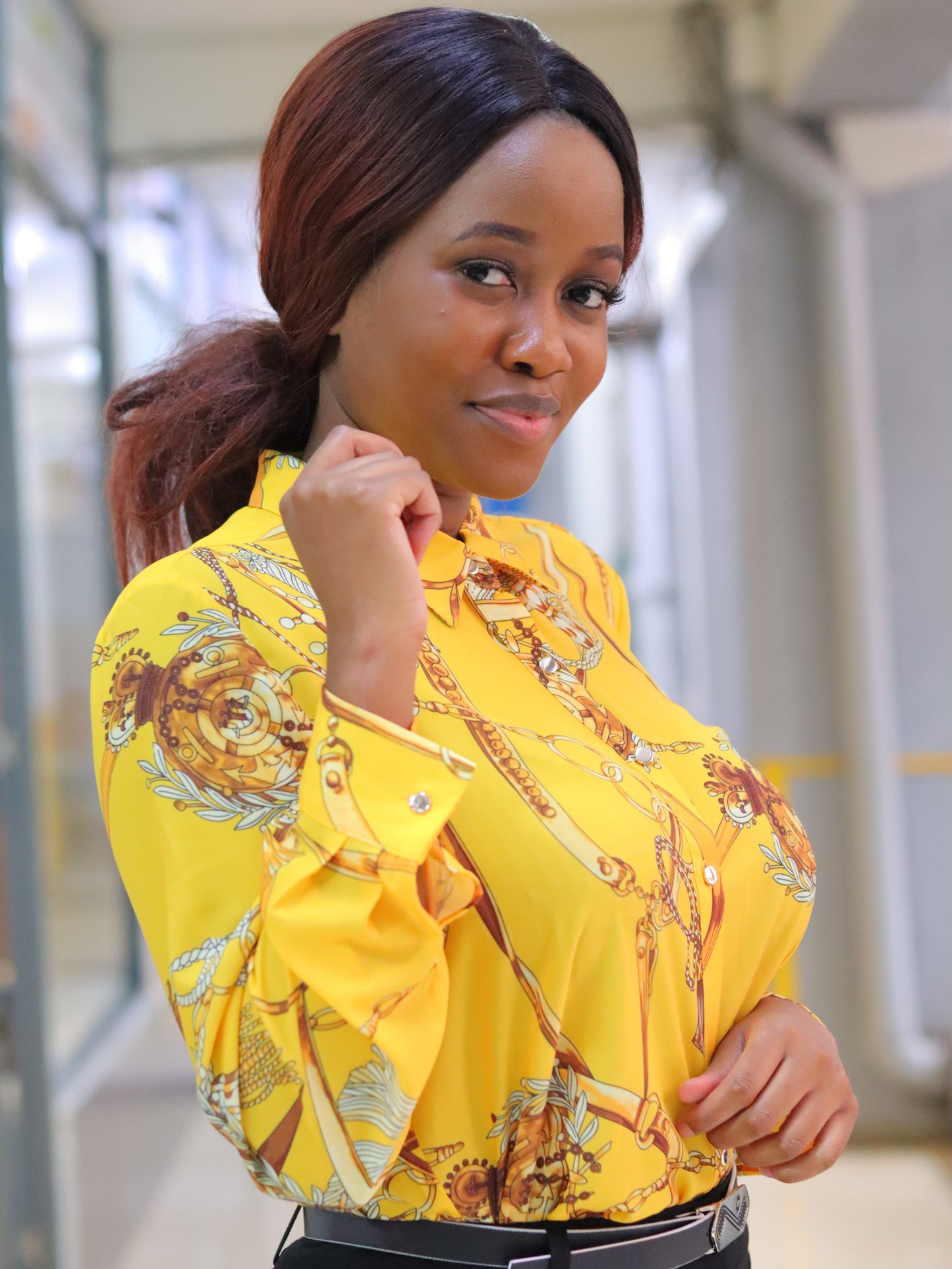 Chain Yellow Print Long Sleeve Blouse