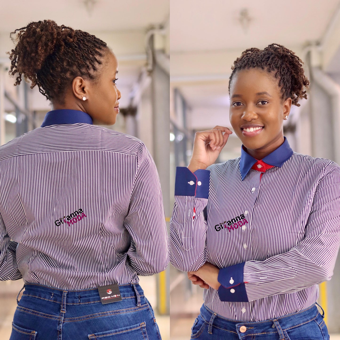 Pin Stripped Navy/White Long Sleeved Blouse