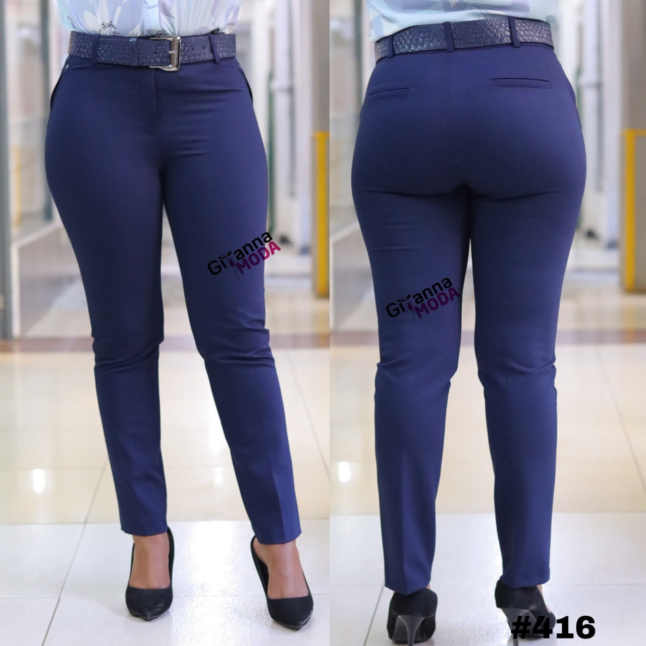 Textured Belt Trouser in Navy