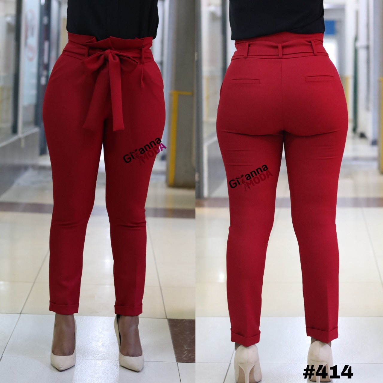 High Waist Belted Trouser in Red