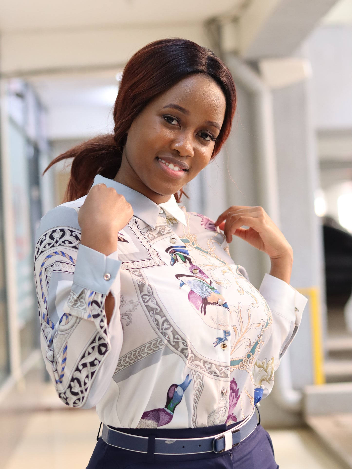 Crest Print Long Sleeved Blouse