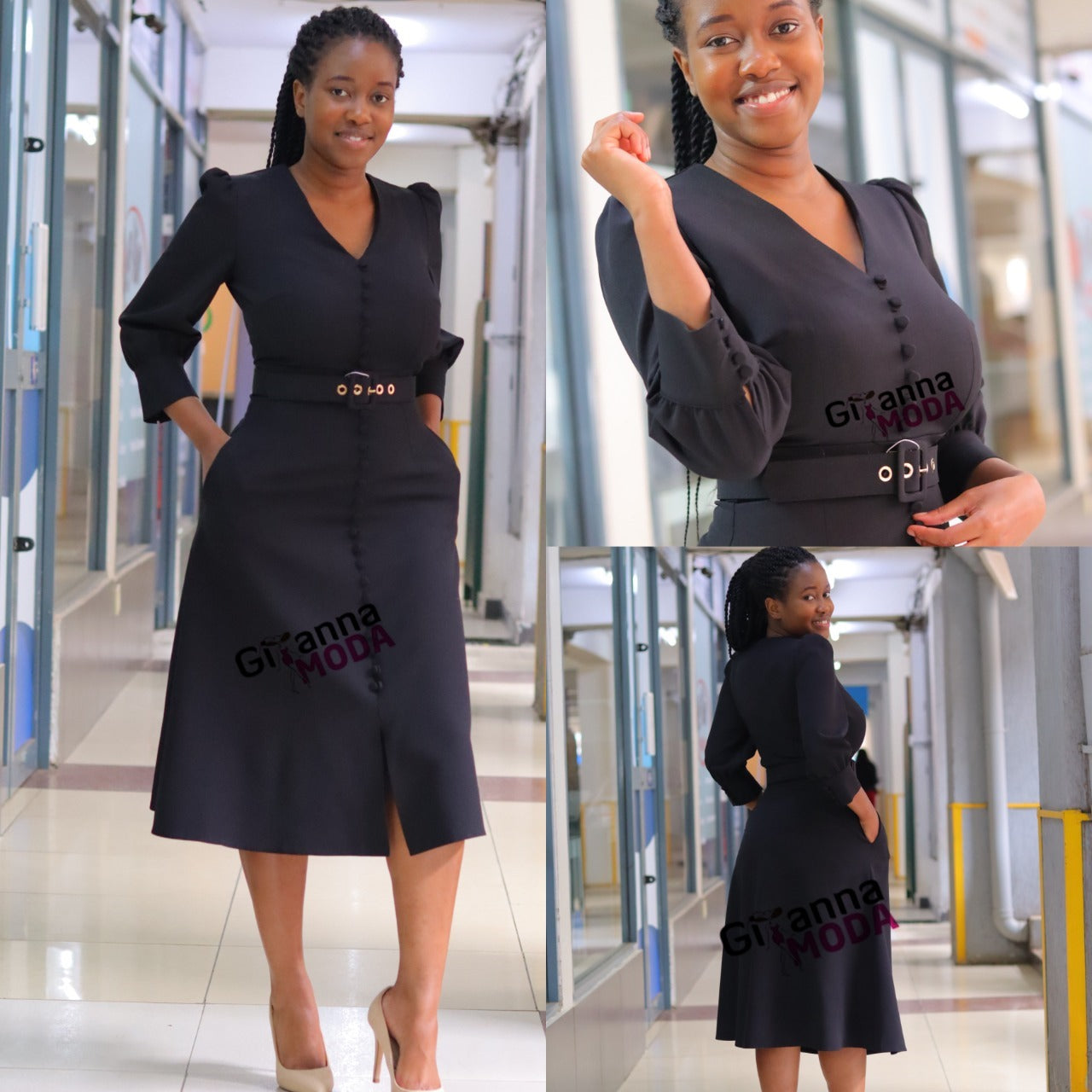 Black Button Detail Front Slit Dress