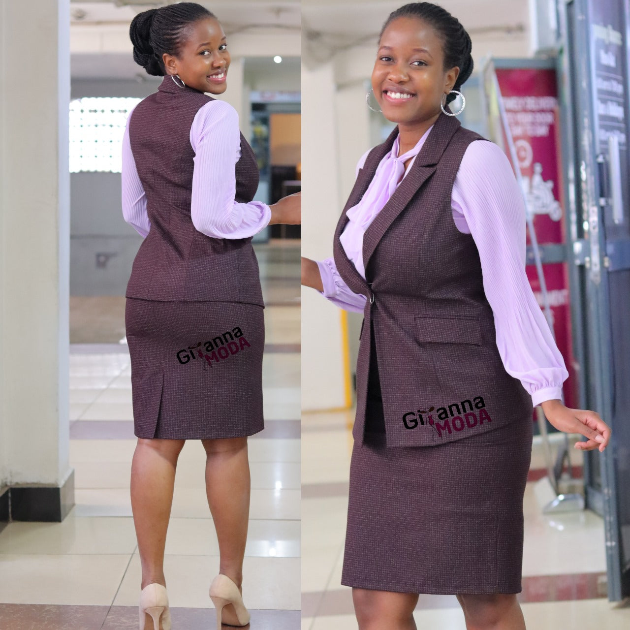 Plaid Sleeveless Skirt Suit in Maroon