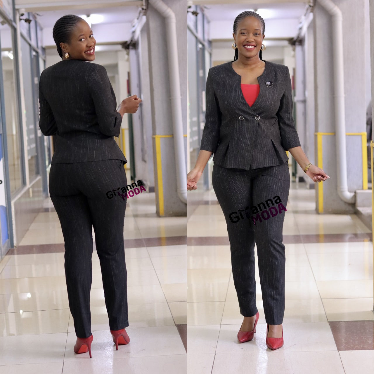 Double Button Black Patterned Trouser Suit