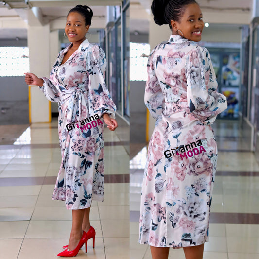 Ivory Floral Print Wrap Dress