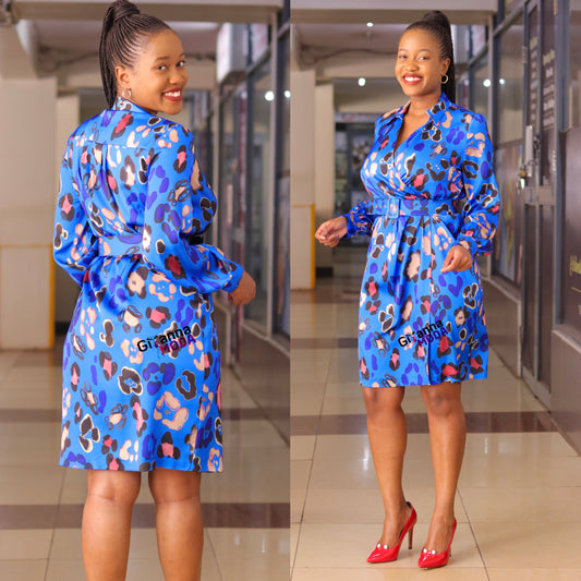 Sax Blue Floral Wrap Belted Dress