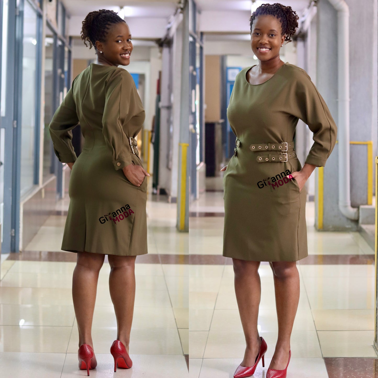 Khaki Green Waist Detailed Dress