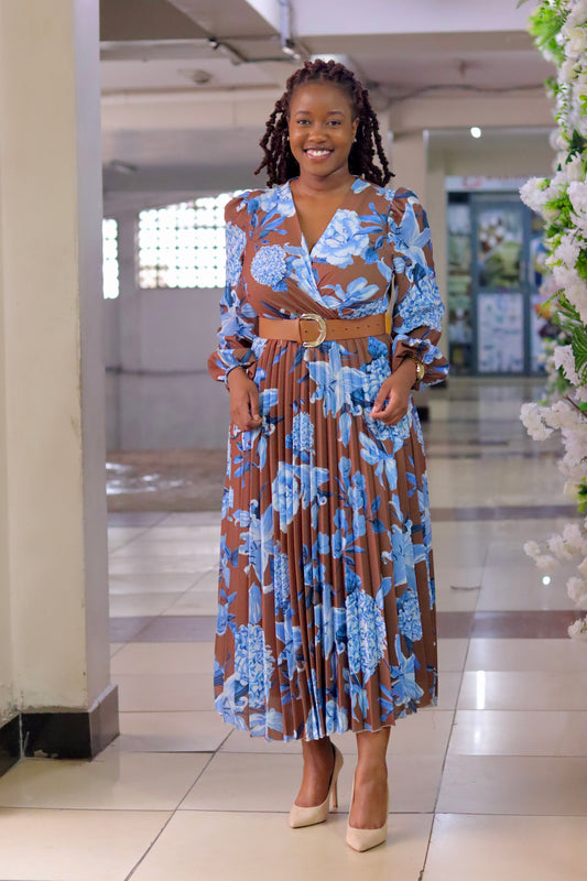 Brown Floral Sleeved Sunray Skater