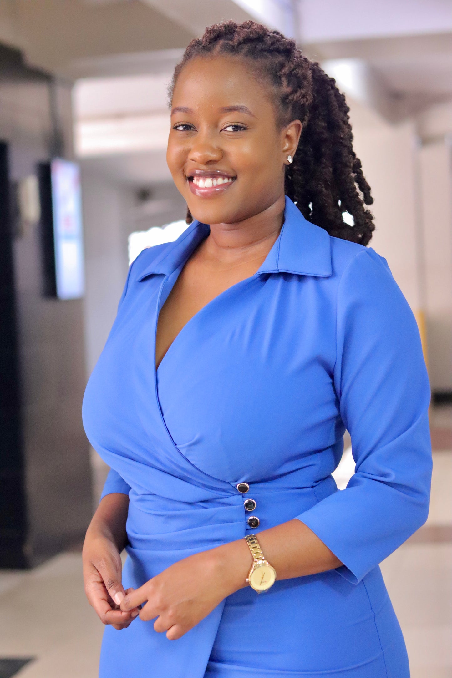 Blue Front Wrap Collared Dress