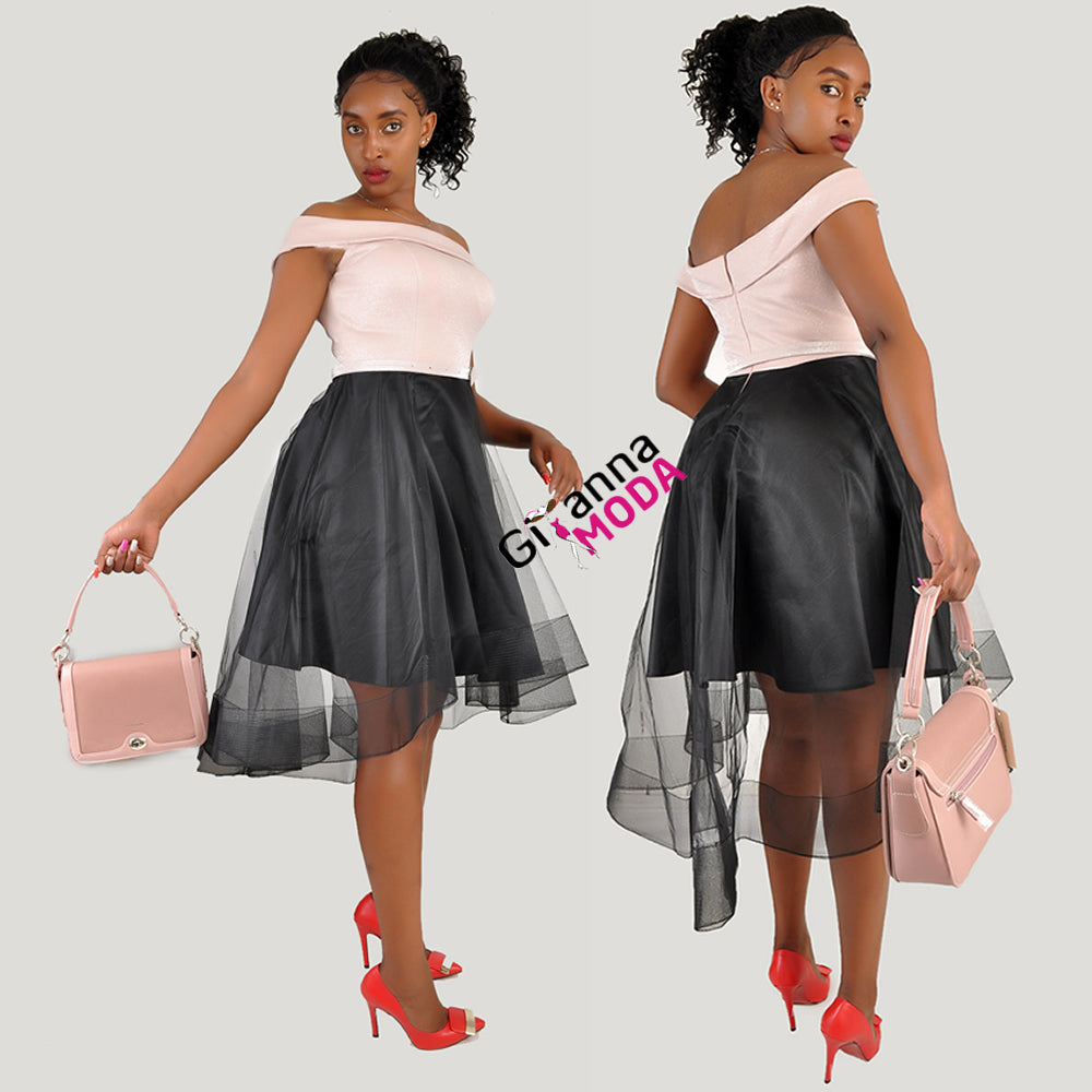 Nude Lace Dip Hem Bardot Dress