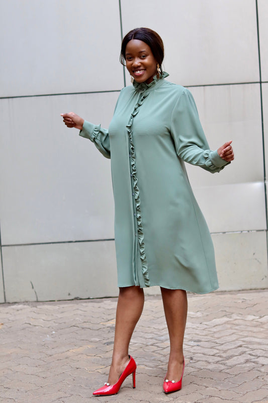 Mint Long Sleeve Frilled Shirt Dress