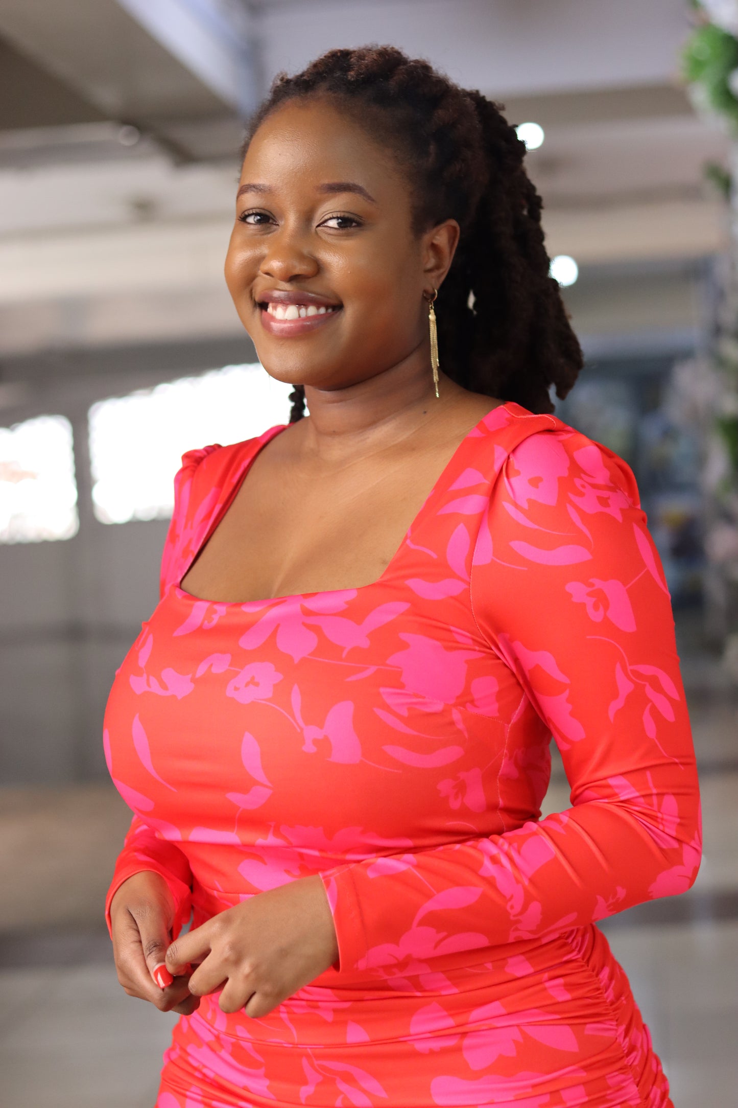 Red/Pink Floral Square Neck Midi Dress