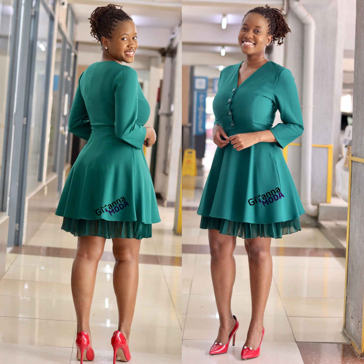 Emerald Green Front Buttoned Skater Dress