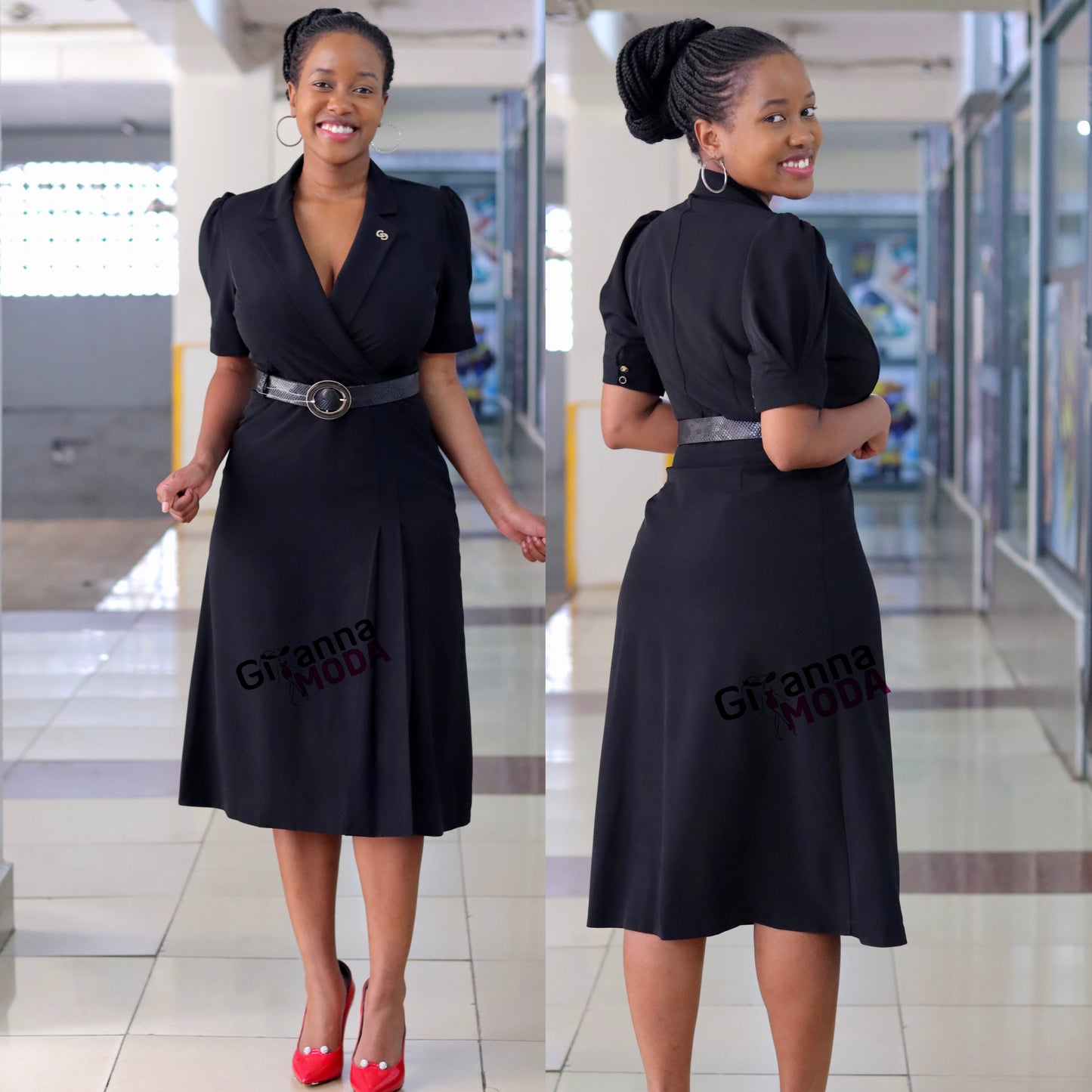 Black Collared Belted Dress