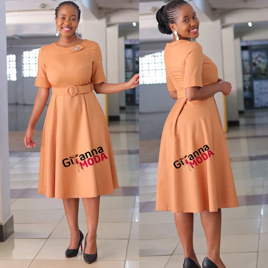 Brown Belted Skater Dress
