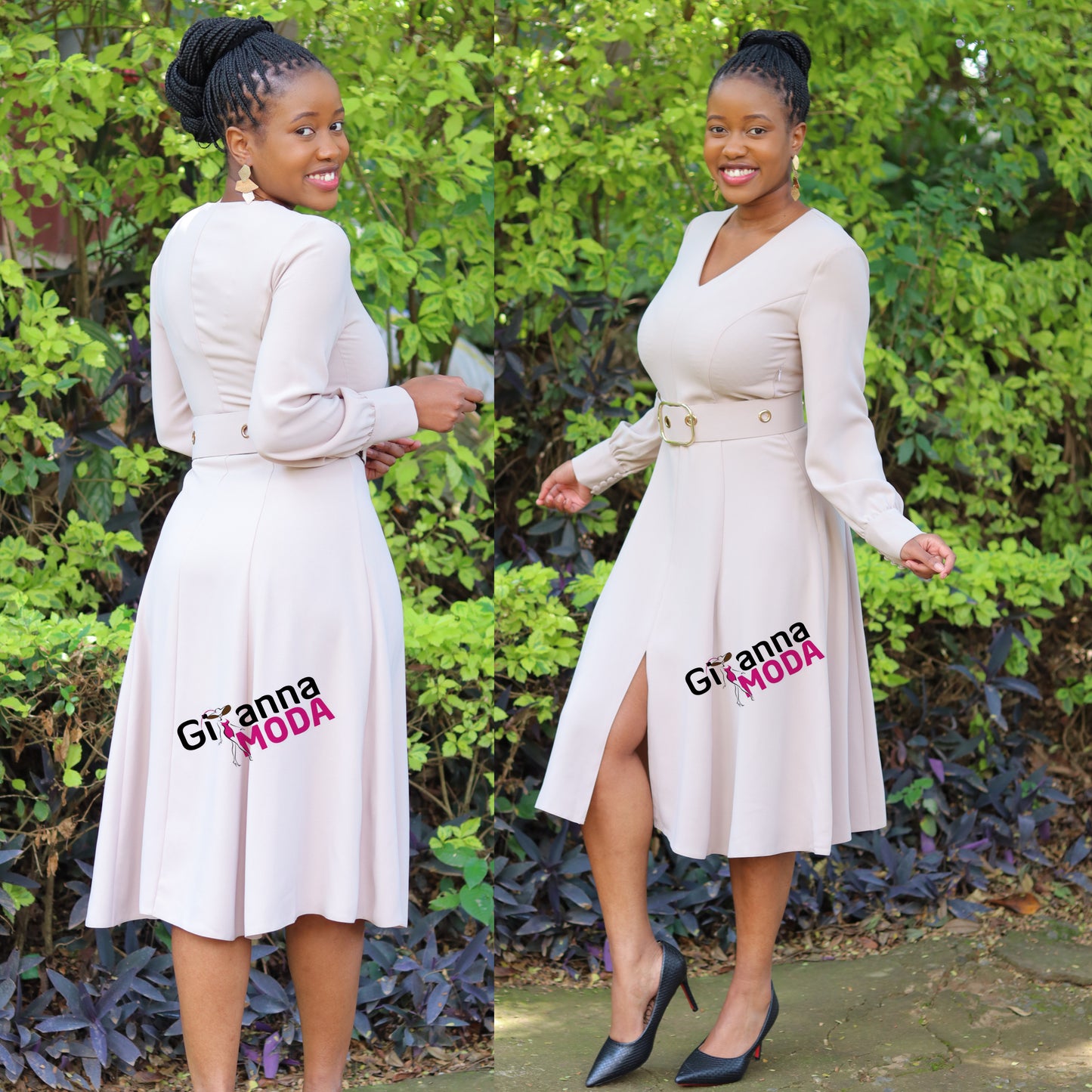 Beige Belted Skater Dress
