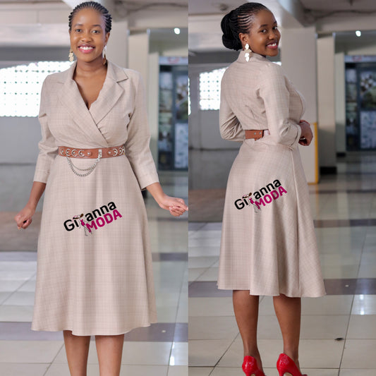 Beige Belted Sleeved Skater Dress