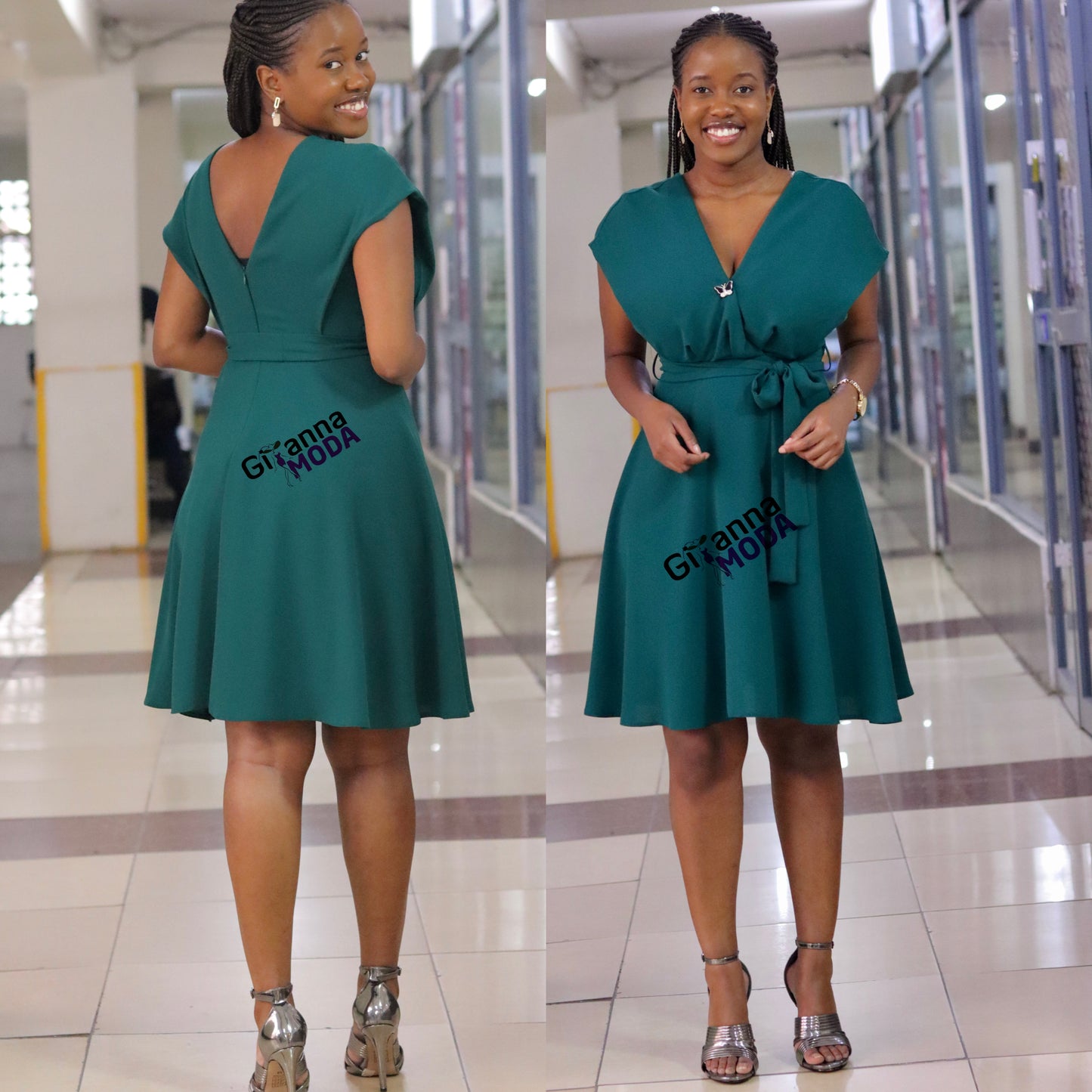 Green V-Neck Skater Dress