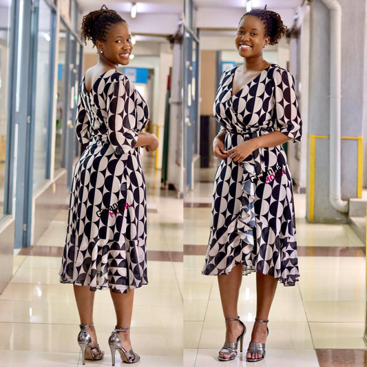 Brown/Black V-Neck Frilled Midi Dress