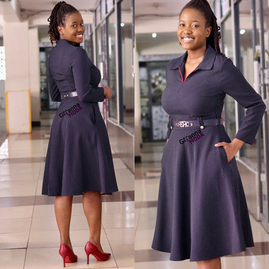 Navy Polka Collared Belted Skater Dress