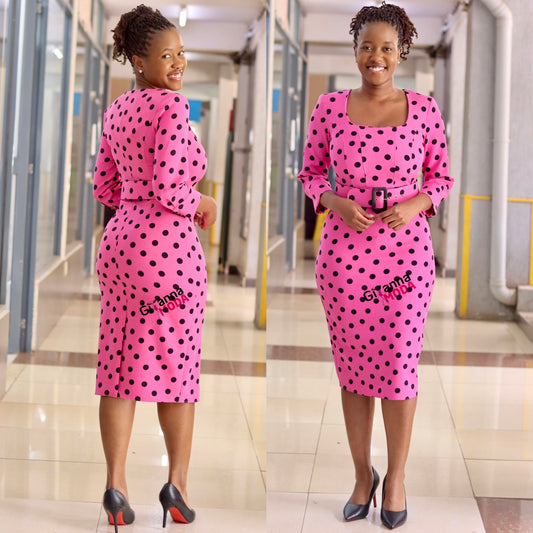 Pink Polka Belted Bodycon Dress