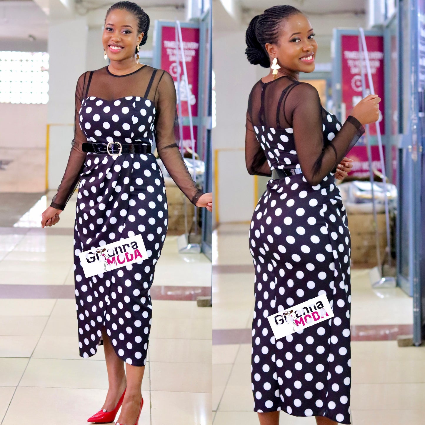 Black Polka Mesh Sleeved Dress