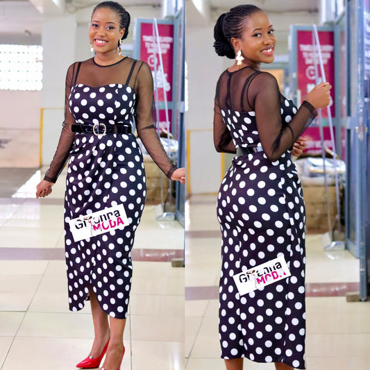 Black Polka Mesh Sleeved Dress