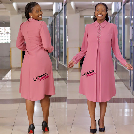 Peach Collared Box Pleat Shirt Dress