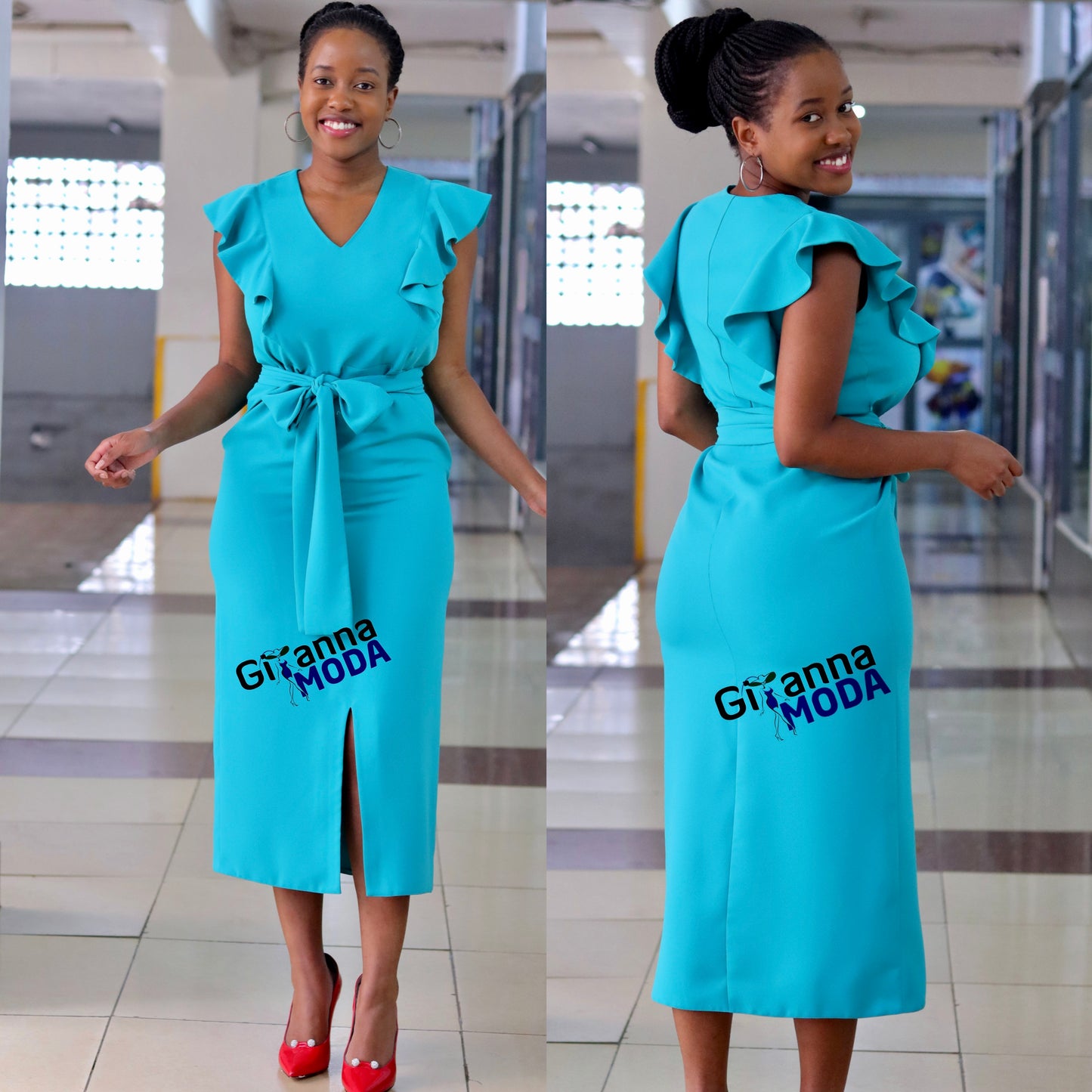 Belted Front Slit Midi Dress