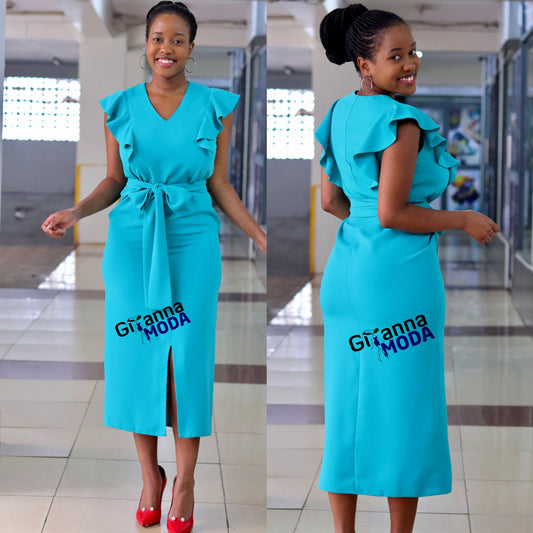 Belted Front Slit Midi Dress