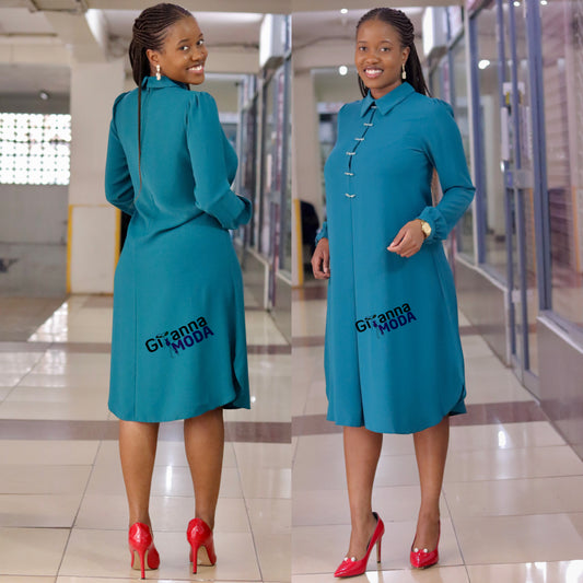 Green Collared Long Sleeve Shirt Dress