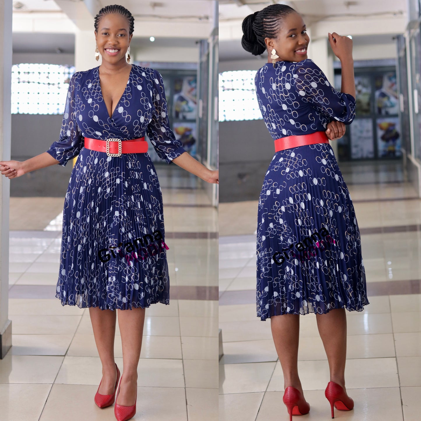 Blue Red Belted Sunray Pleat Dress