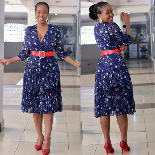 Blue Red Belted Sunray Pleat Dress