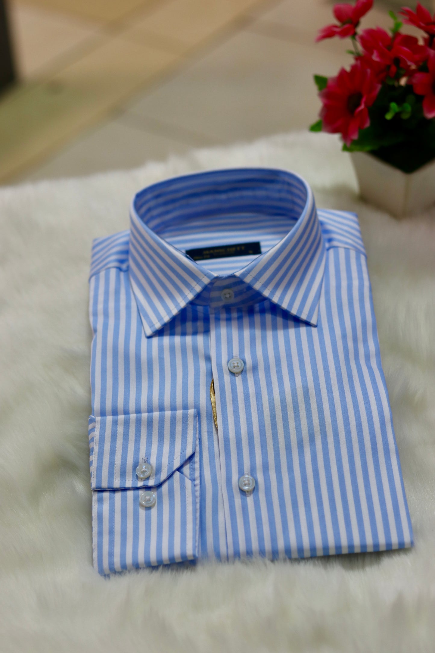 Slim Fit White & Blue Bengal Stripe Men Shirt