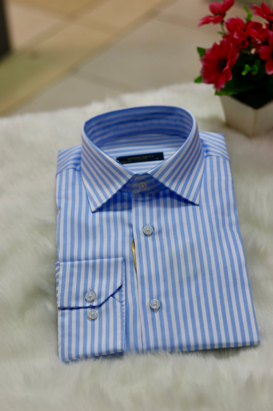 Slim Fit White & Blue Bengal Stripe Men Shirt