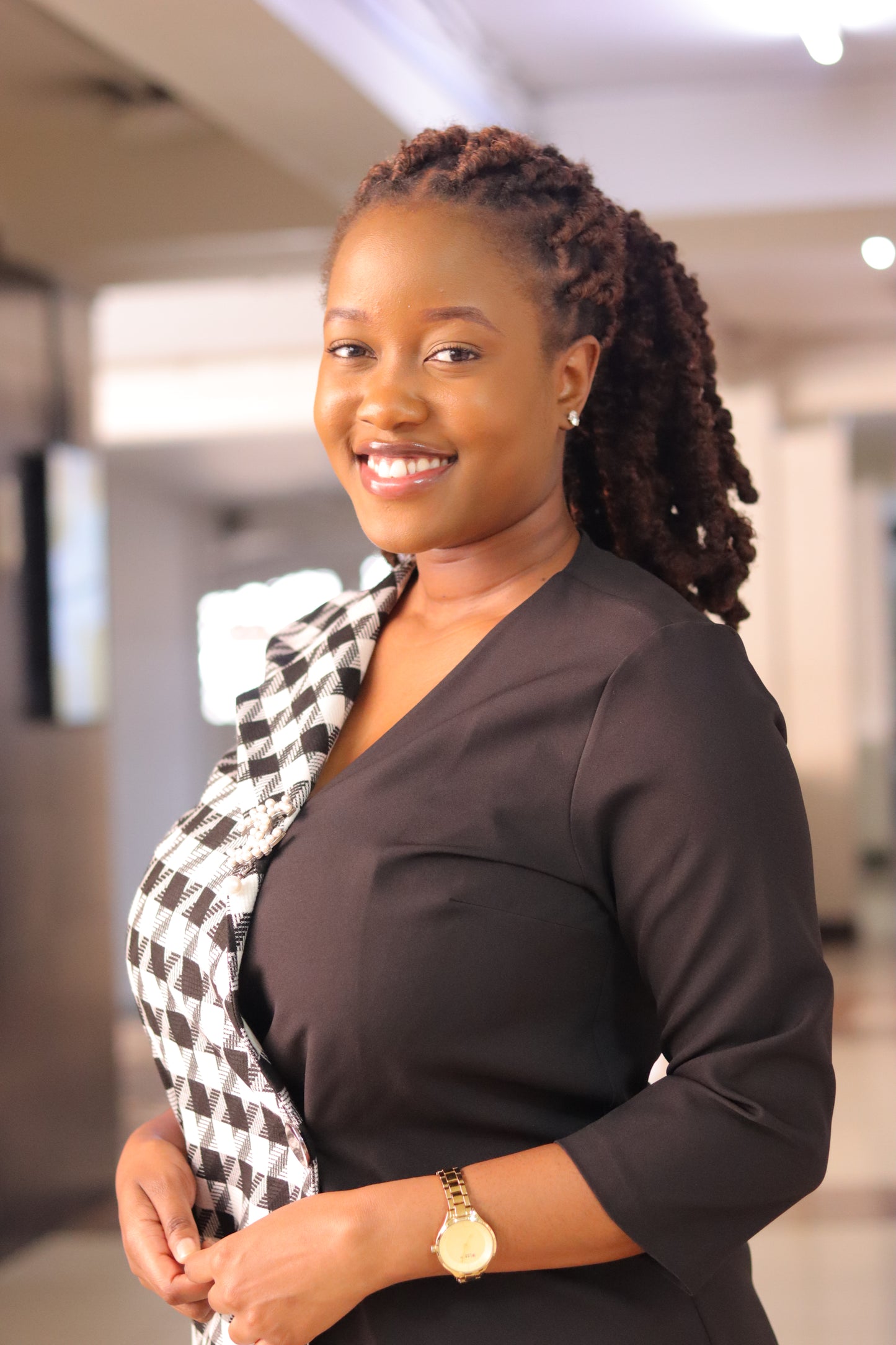 Black Houndstooth Contrast Blazer Dress