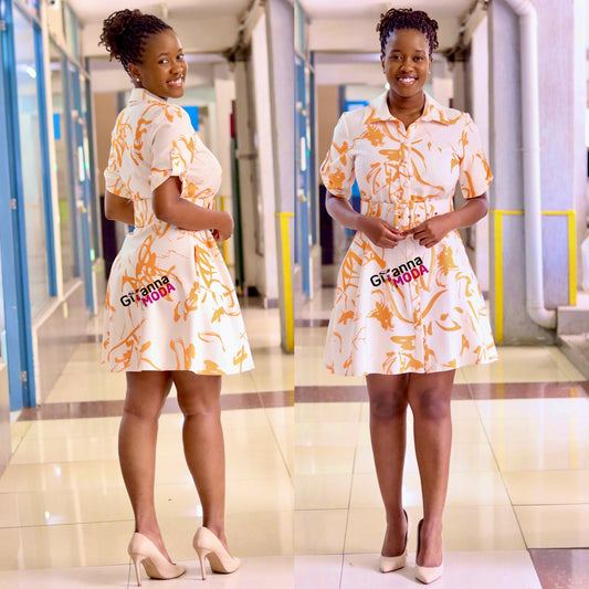 Orange Floral Collared Flared Dress