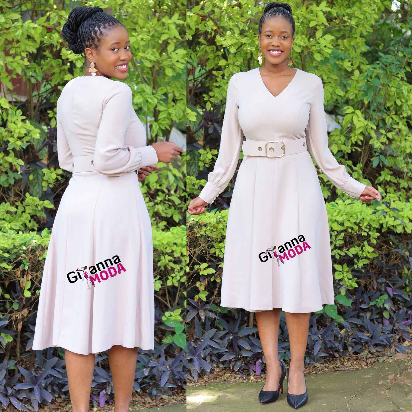 Beige Belted Skater Dress