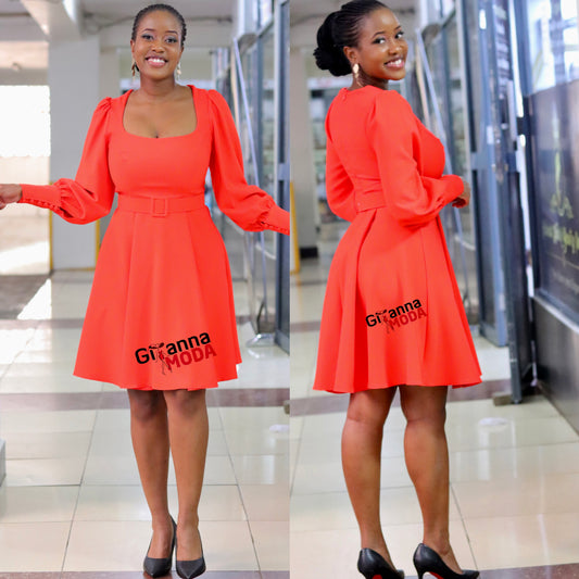 Coral Long Sleeved Square Neck Dress