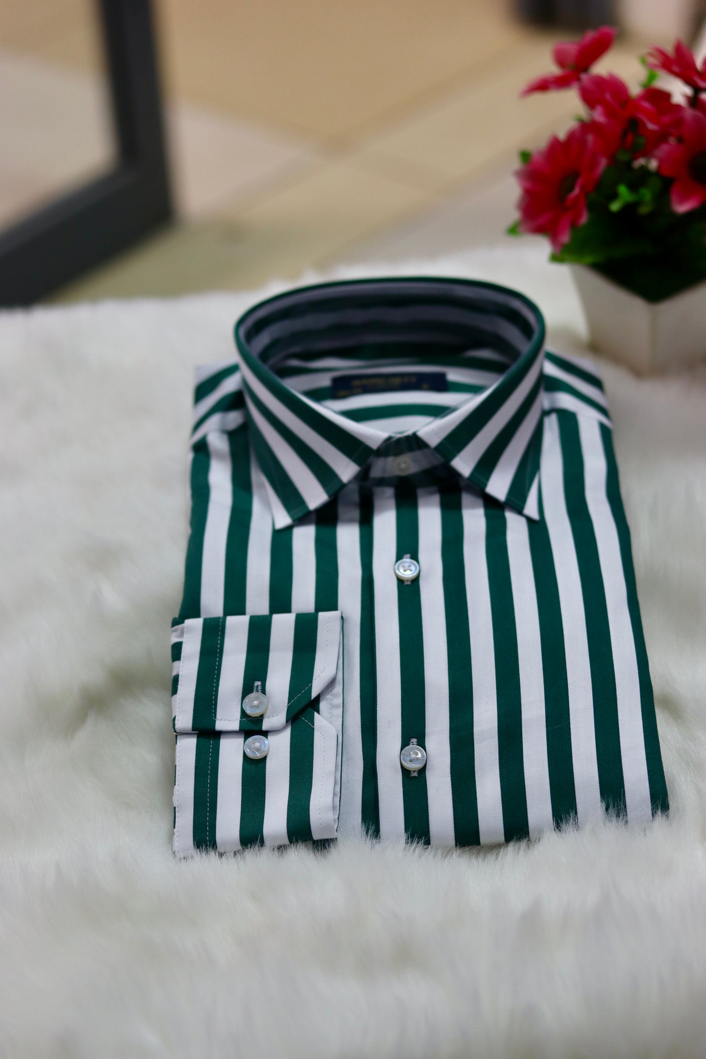 Slim Fit Green & White Awning Stripe Men Shirt