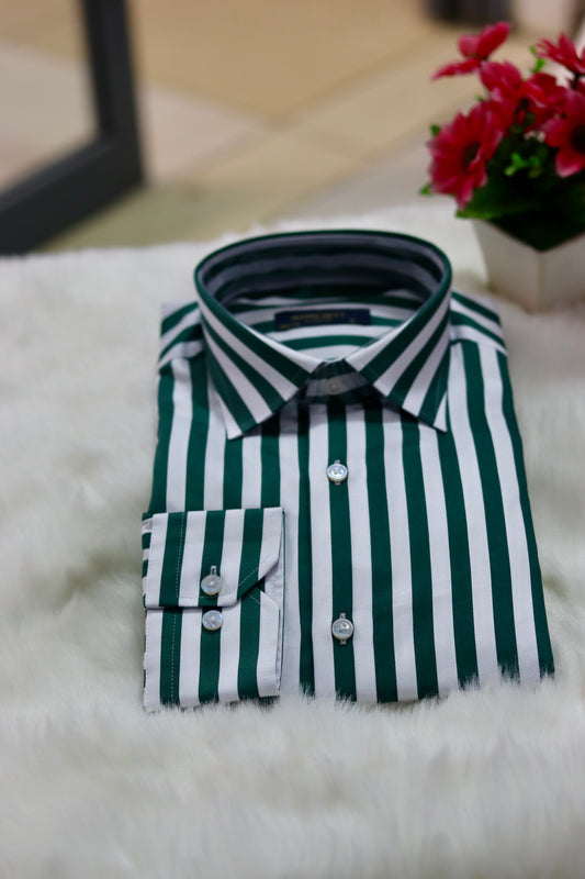 Slim Fit Green & White Awning Stripe Men Shirt