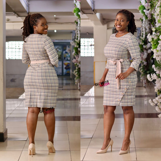 Beige Tartan Print Button Detail Dress