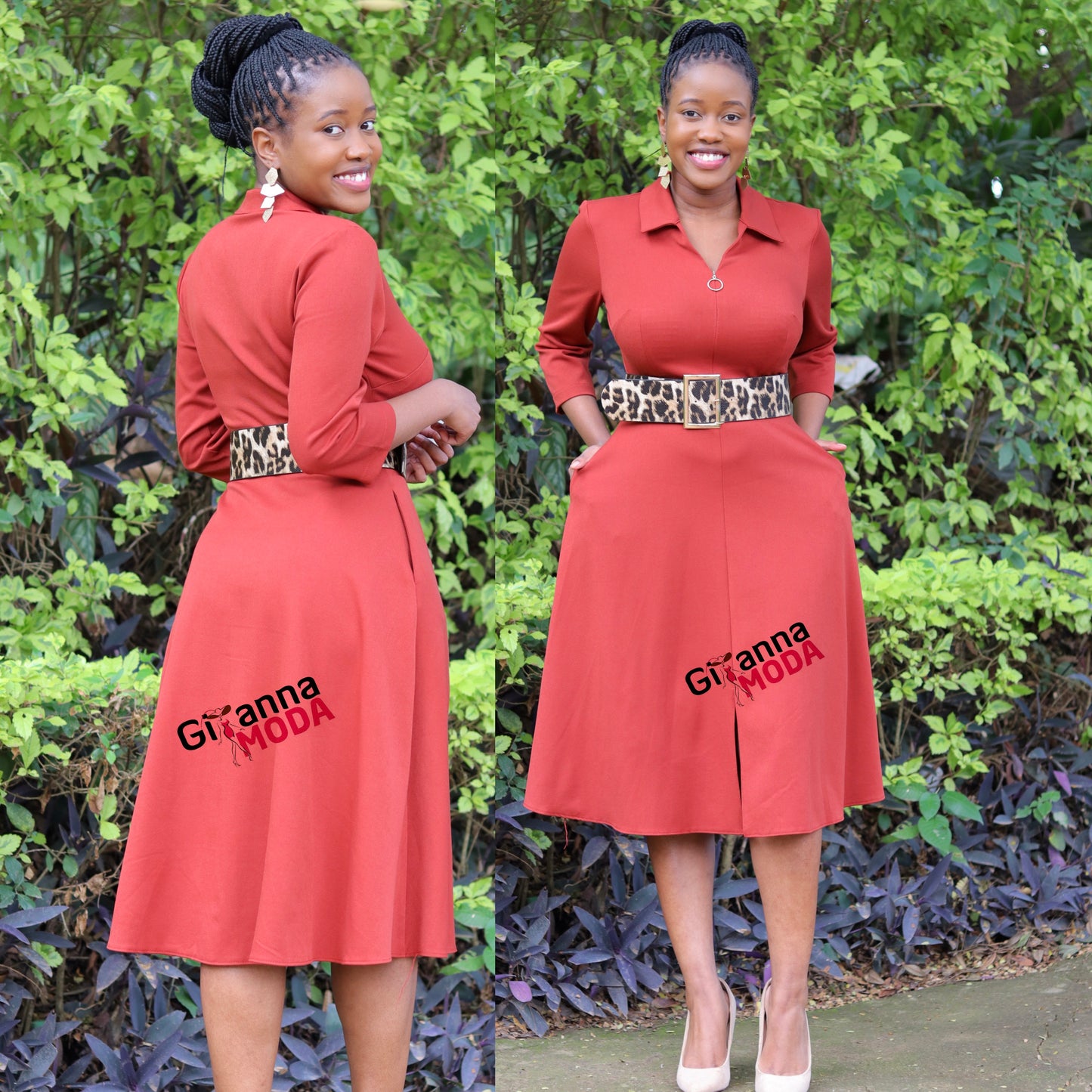Burnt Orange Front Zip Belted Dress