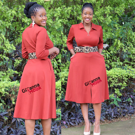 Burnt Orange Front Zip Belted Dress