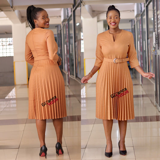 Camel Brown Sunray Pleat Dress