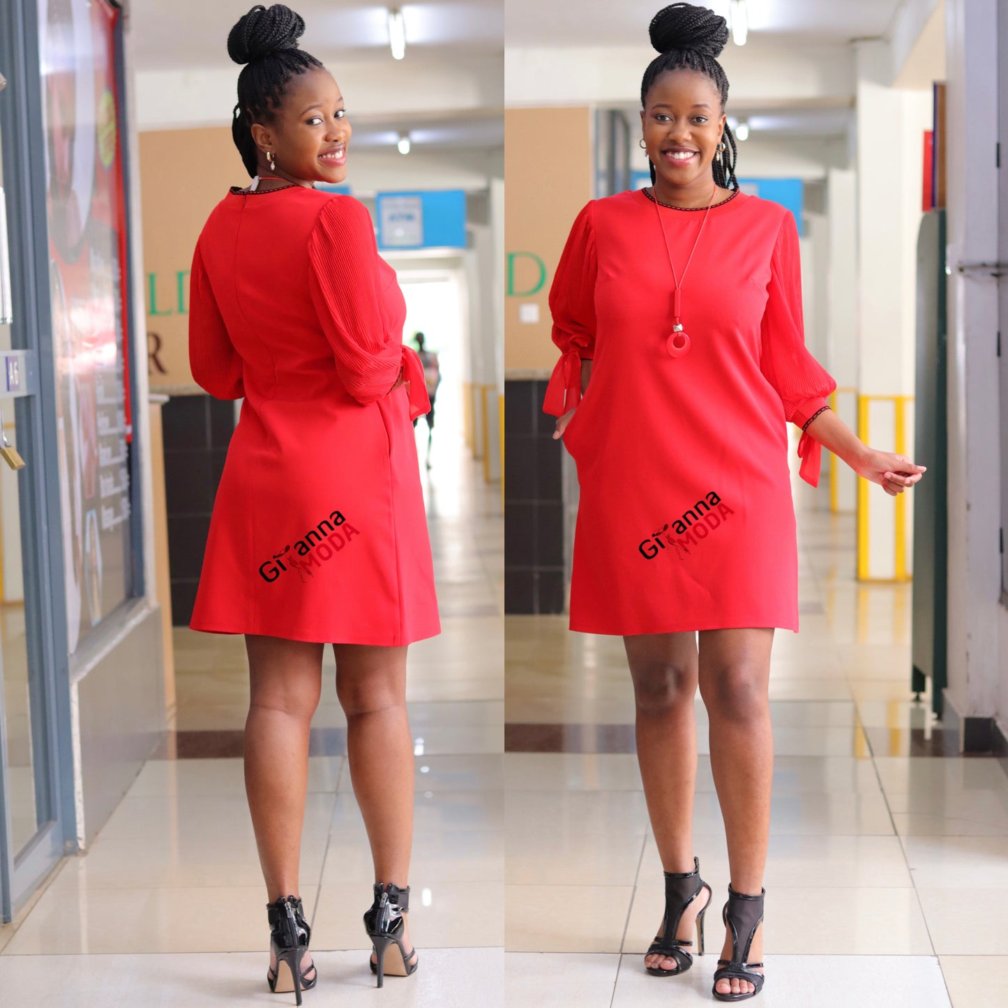 Red Puff Sleeve Shift Dress