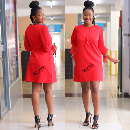 Red Puff Sleeve Shift Dress