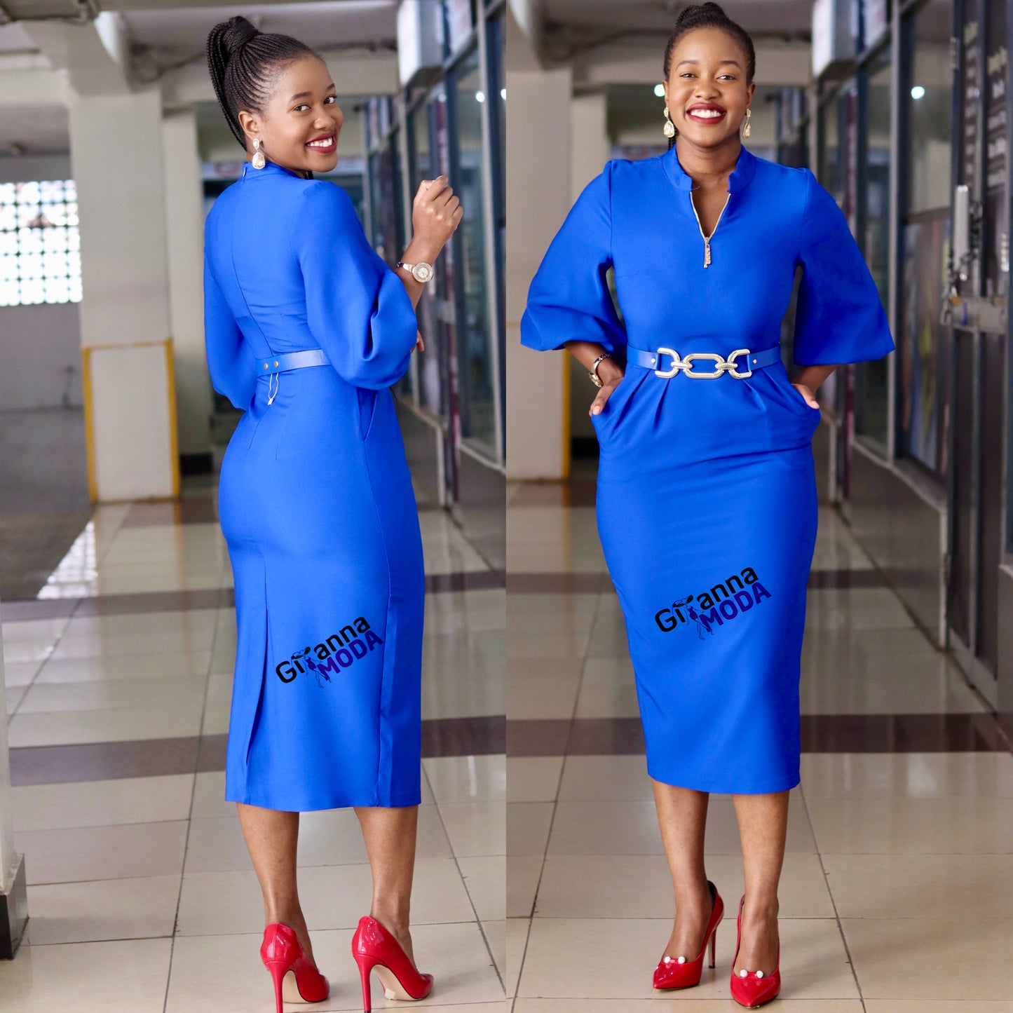 Sax Blue Floral Puff Sleeve Bodycon