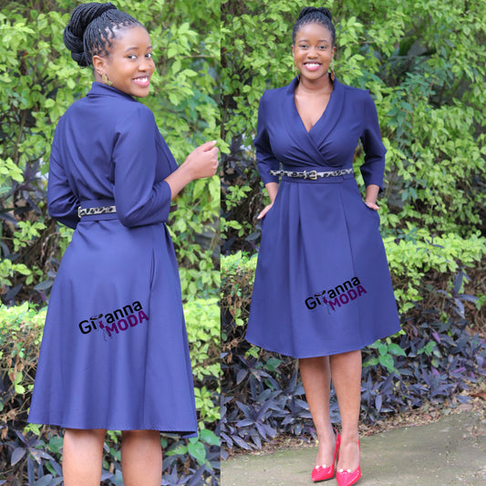 Navy Belted Wrap Skater Dress
